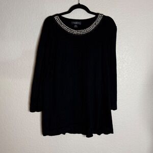 August Silk Womens XL Black Sweater Embellished Rhinestone Neck Long Sleeve